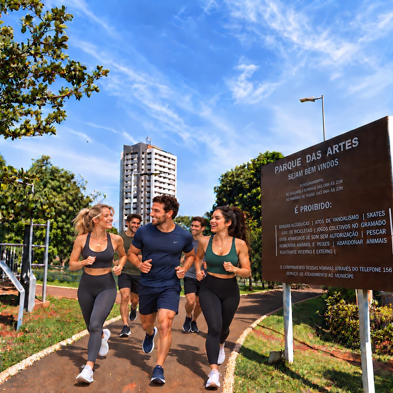 Um grupo correndo junto e rindo na pista do Parque das Artes, numa manhã de sol