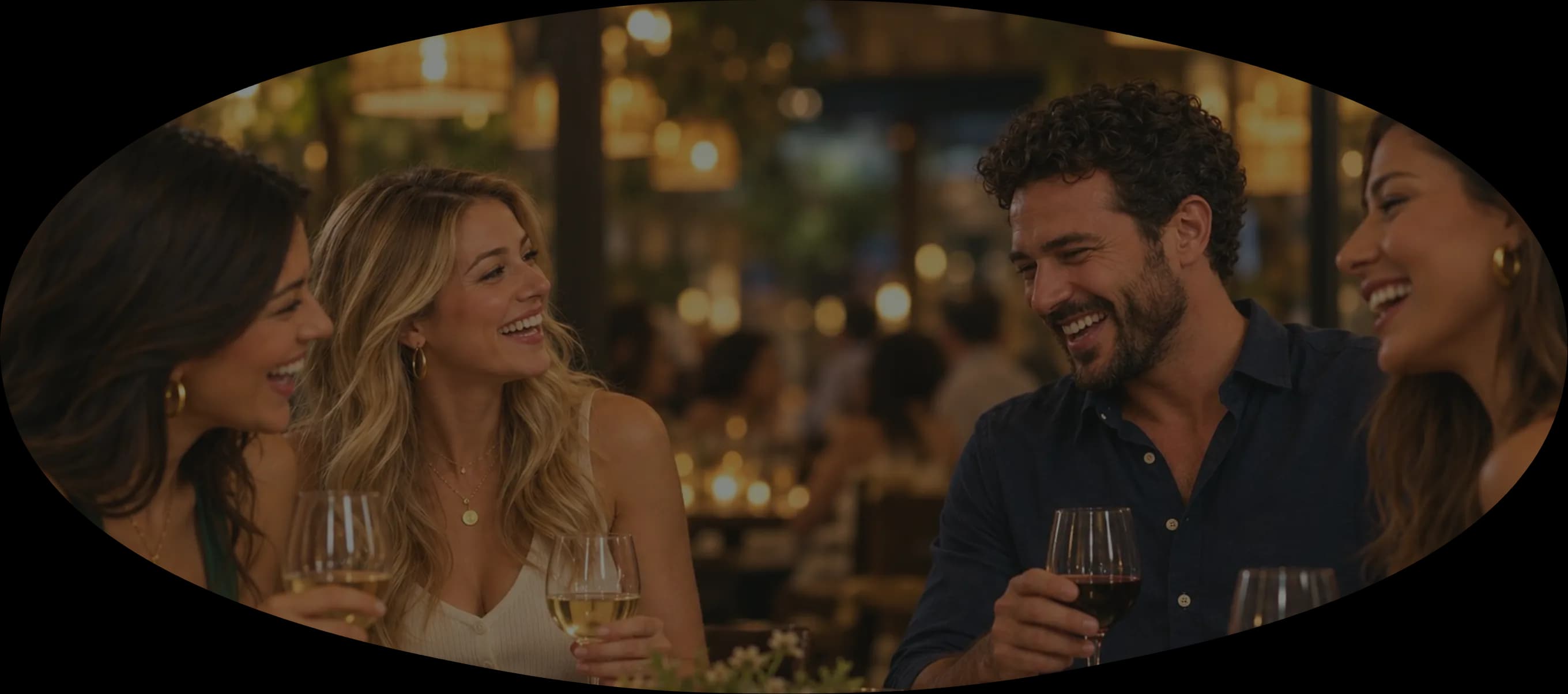 Quatro amigos rindo à mesa de um restaurante à noite, com taças de vinho e velas acesas